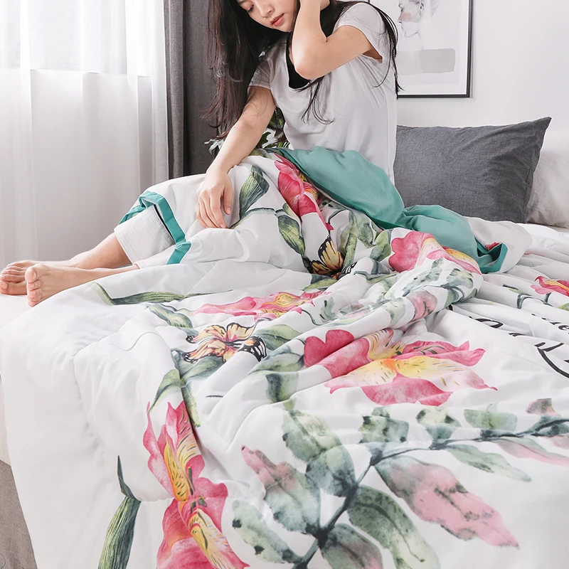 Летнее стеганое одеяло с цветочным принтом моющееся тонкое постельное белье из полиэстера