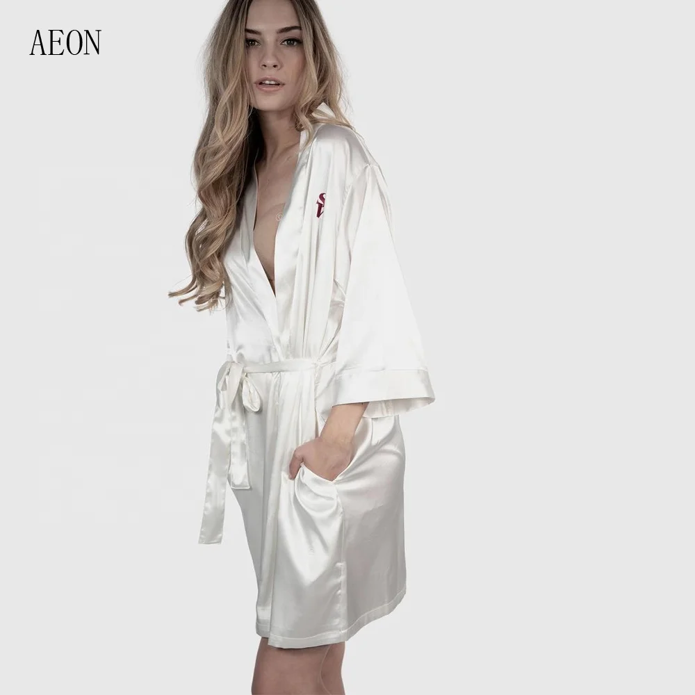
Women personalized soft satin robe with logos short Solid silk night sleeping robe 