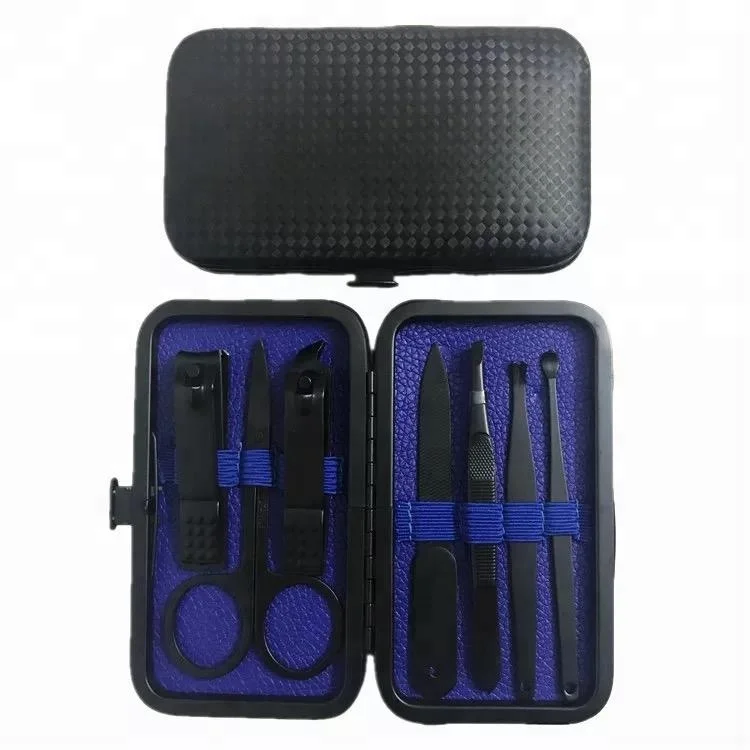 Stainless steel compactly mini size black manicure pedicure kit travel 7pcs nail care cutter tools gift set