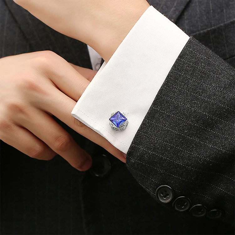 Men's Classic Square Sapphire Cufflinks Silver Blue Crystal Cufflinks