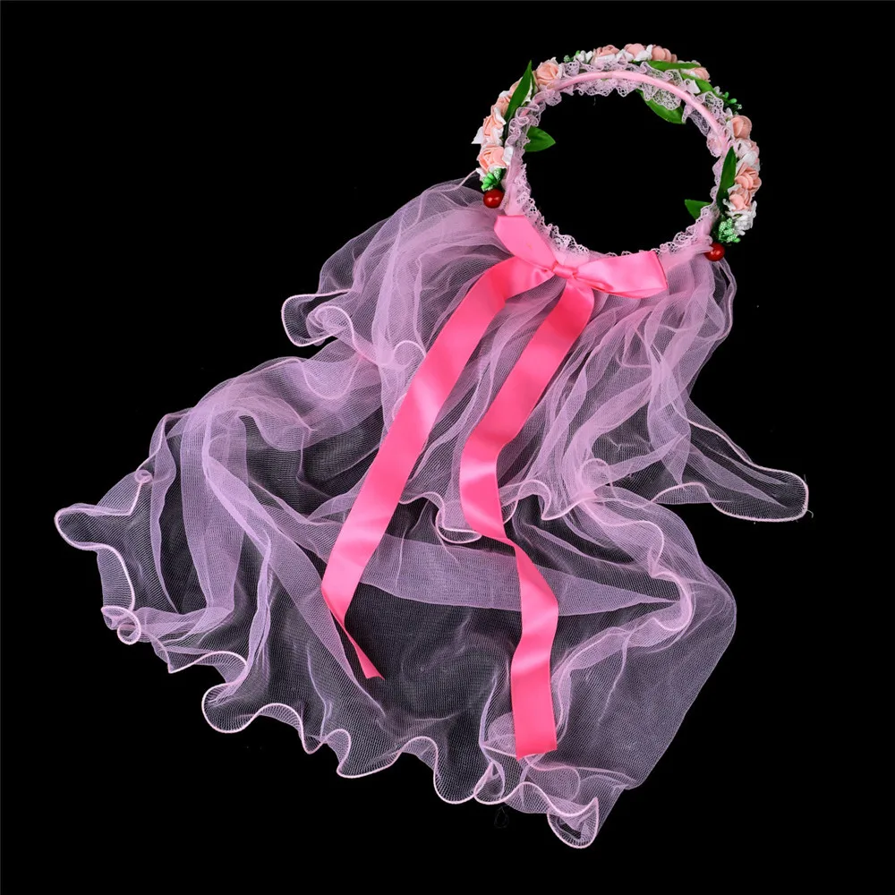 Детский венок с вуалью, детский головной убор, праздничные аксессуары для волос, красная, розовая, синяя детская Цветочная вуаль, новинка 2019