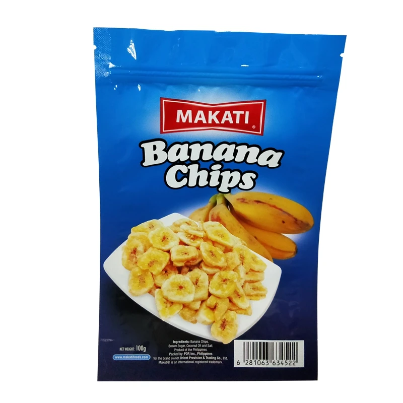
Resealable waterproof ziplock stand up snack food packaging pouch aluminum foil bags for banana chips 
