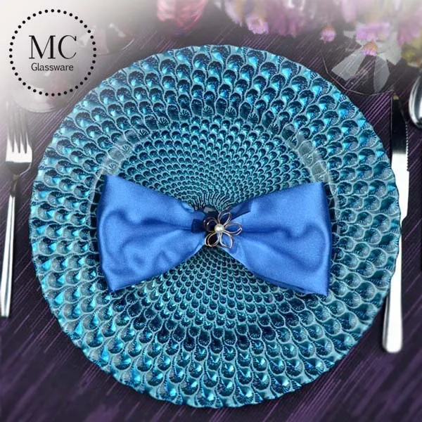 Wholesale wedding round cobalt blue feather glass charger plates