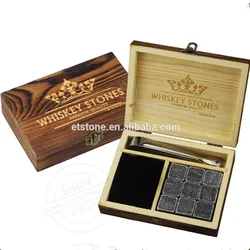 Amazio hot selling Whiskey Stones Gift Set Granite Reusable Ice Cubes Luxury Handcrafted laser engraved wood box