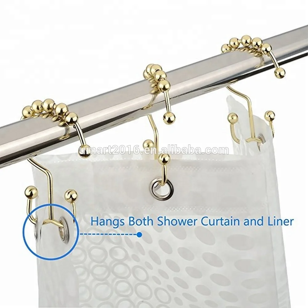 Best Seller Brass Gold Polished Chrome Heavy Duty Stainless Steel Metal Shower Curtain Rings Double with Hooks