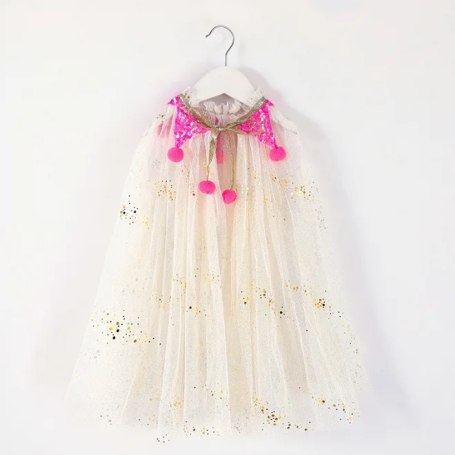 
KS0599 Glitter sequin design girls cloak party wear tulle girls cape with pom pom 