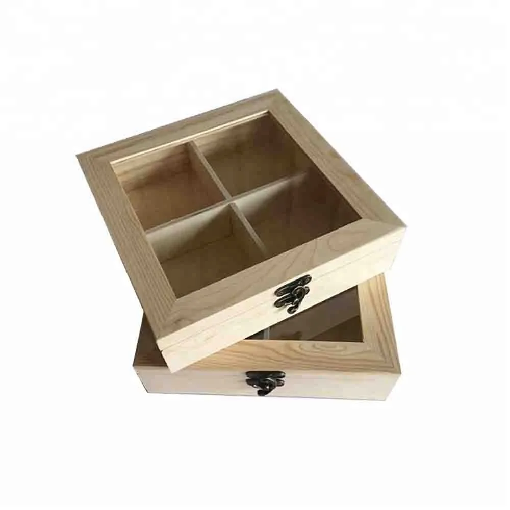 Eeo-Friendly 4 Compartment Gift Display Box Glass Window Wooden Mooncake Box