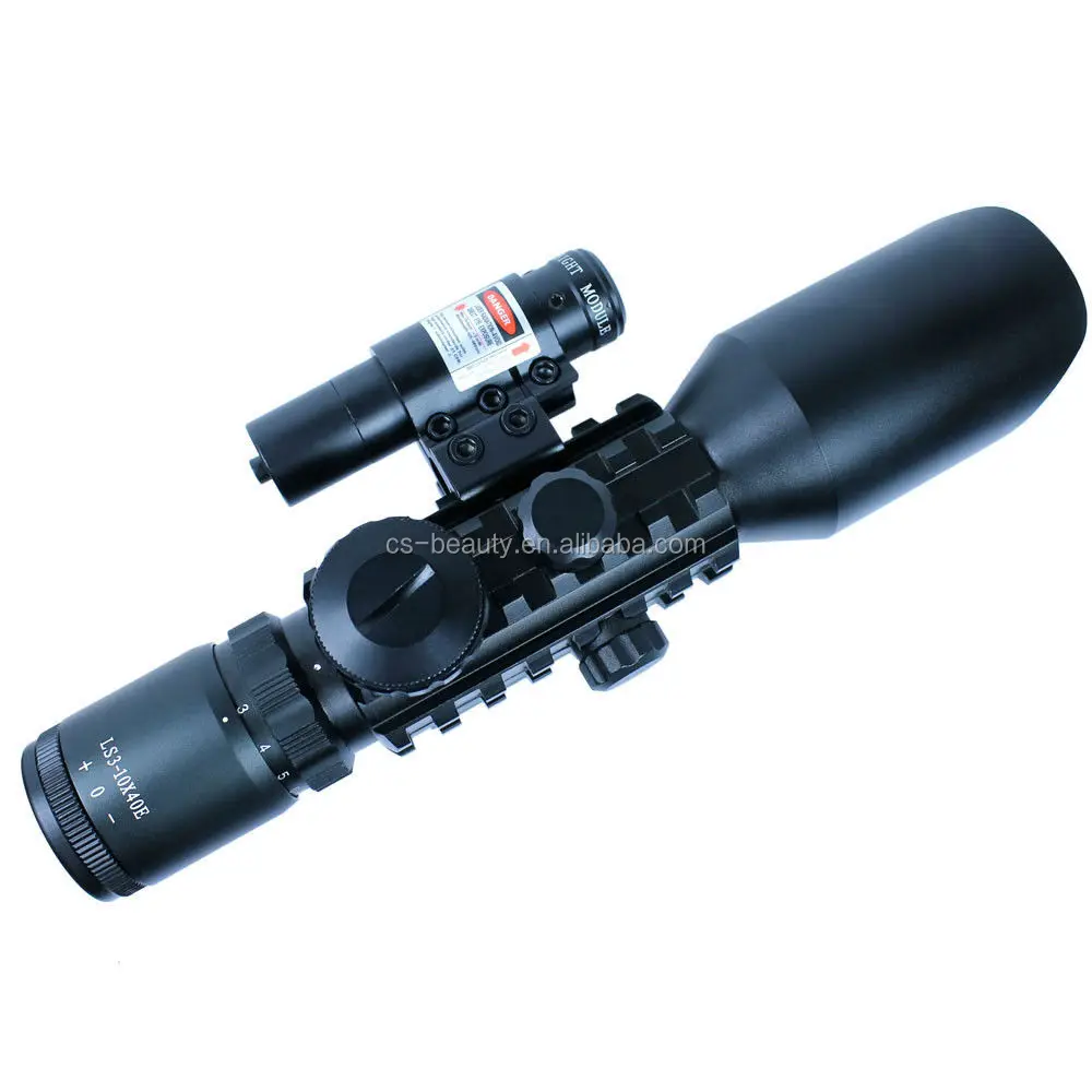 3-10x40 Tactical Rifle Scope Red Laser Dual illuminated Mil-dot w/ Rail Mounts Combo Airsoft Weapon Sight Hunting