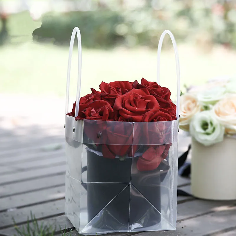 Custom luxury rose waterproof clear plastic transparent pp wedding gift bag flower vase with pvc handle for flower box packaging