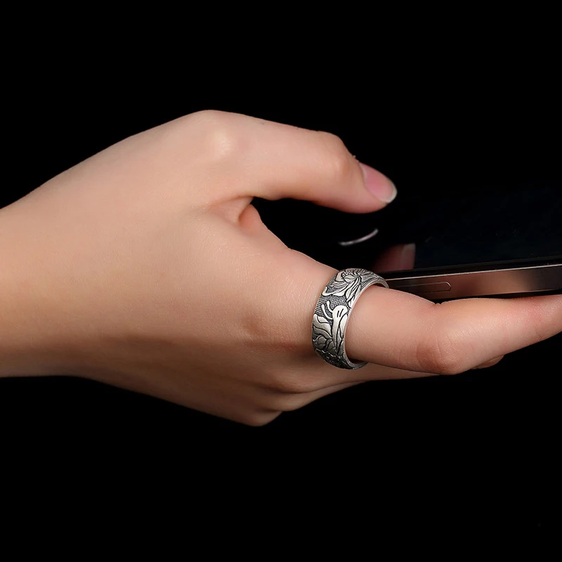 999 Sterling Silver Fine Jewelry Open Ring Buddhist Lotus Flower Men Thai Silver Fine Jewelry Gift Woman Men rings