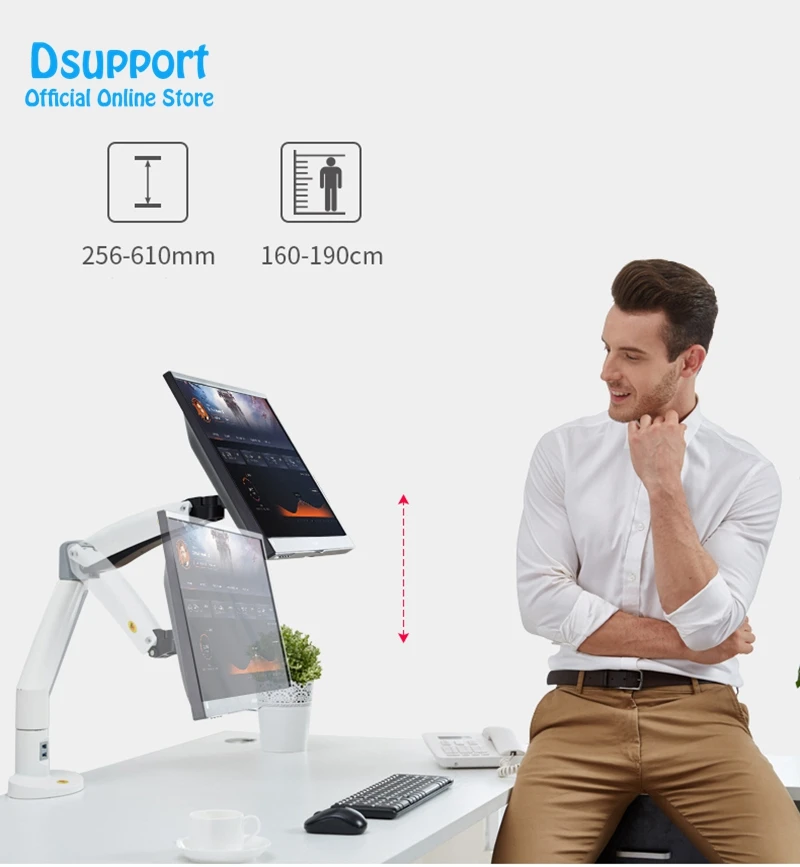 F100A Gas Spring Arm 22-35 inch Screen Monitor Holder 360 Rotate Tilt Swivel F100A Desktop Monitor Mount Arm with Two USB Ports