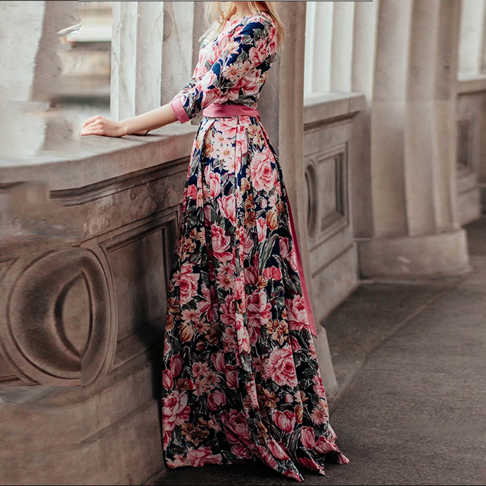 Elegant Bohemian printing long O-neck 3/4 sleeve big hem women spring summer dress