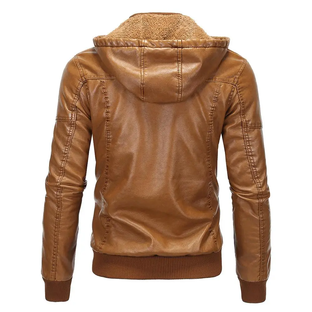 
European size Men PU fur sheepskin hooded Velvet PU Leather coat with wholesale price 