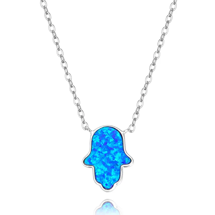 POLIVA Factory Wholesale 925 Sterling Silver Rhodium Plated Blue Fire Opal Hamsa Hand Necklace