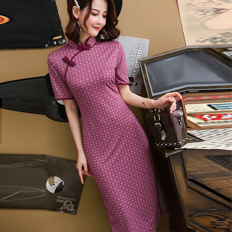 
hot sale wholesale female improved plaid cheongsam simple elegant short sleeve design casual dress 