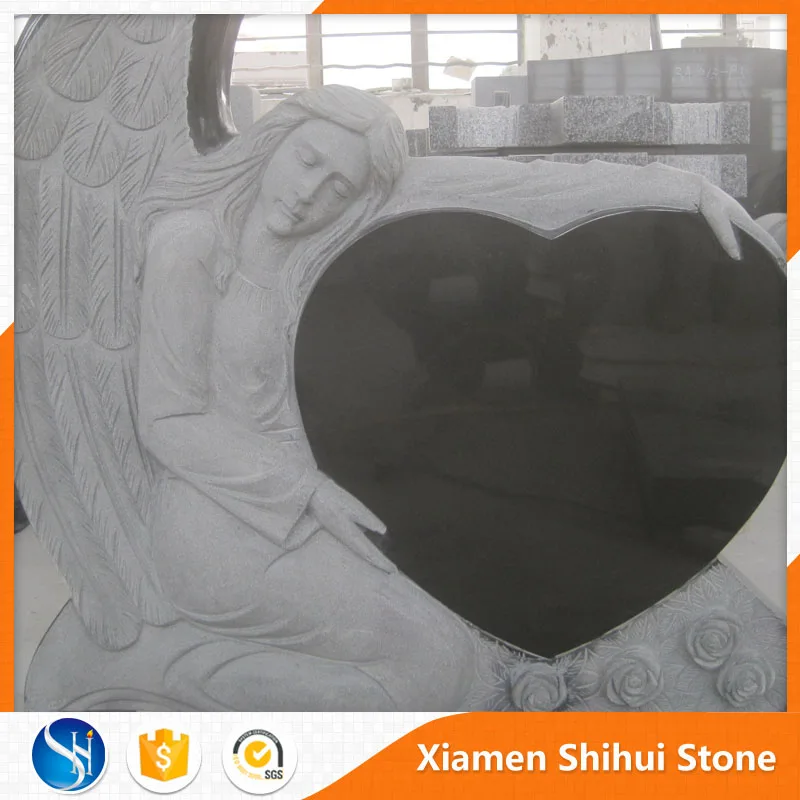 Black granite angel double heart headstone monuments