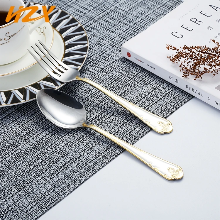 Modern Middle  gold Wedding Spoon Fork cubiertos dorados acero inox Stainless Steel Flatware Royal Vintage Style Cutlery Set