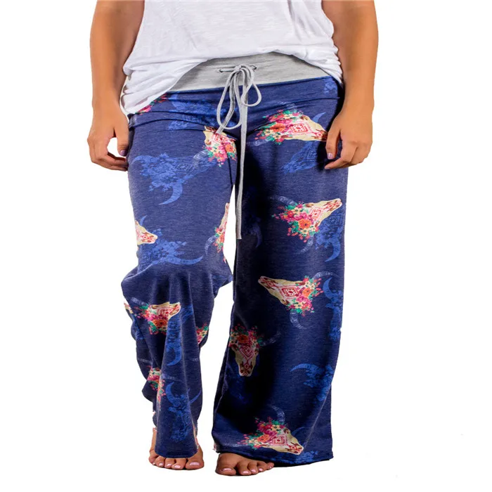 Wholesale Leisure Yoga Antlers Bull Head Print Wide Leg Pants