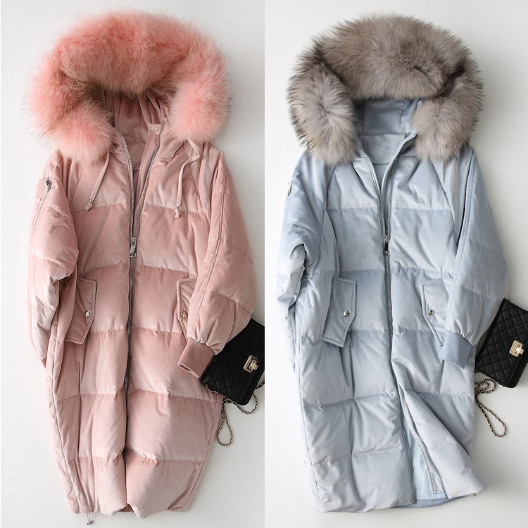 Women Warm Pink Light Blue Oversize Long 90% White Duck Down Feather Padded Fox Fur Collar Down Jackets Coat Overcoat