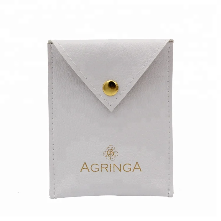 Custom logo printed Golden button closure bag luxury white envelope flap gift jewelry pouch leather with box