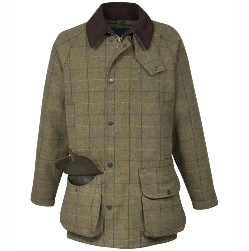 2019 wholesale mens tweed fabric hunting jacket for hunter water repellent shooting jacket