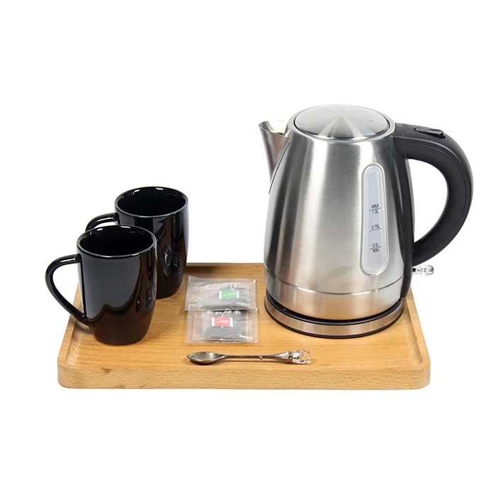 CE/CB Approved Wholesale Hotel 1.0L STRIX Controller Stainless Steel Electric Kettle with Wooden Tray Set