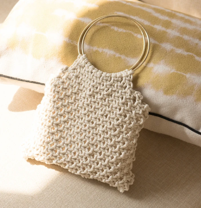 round metal handle macrame crochet handbag handmade cotton rope straw weave braid mesh net bag
