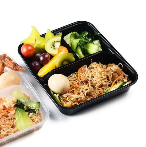 3 compartment disposable plastic bento lunch box with lid