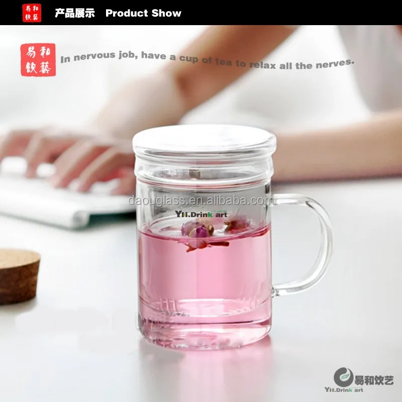 hand made mouth blown heat resistant borosilicate  glass mug glass tea cups with handle ,tea cup with filter ,clear glass tea cu