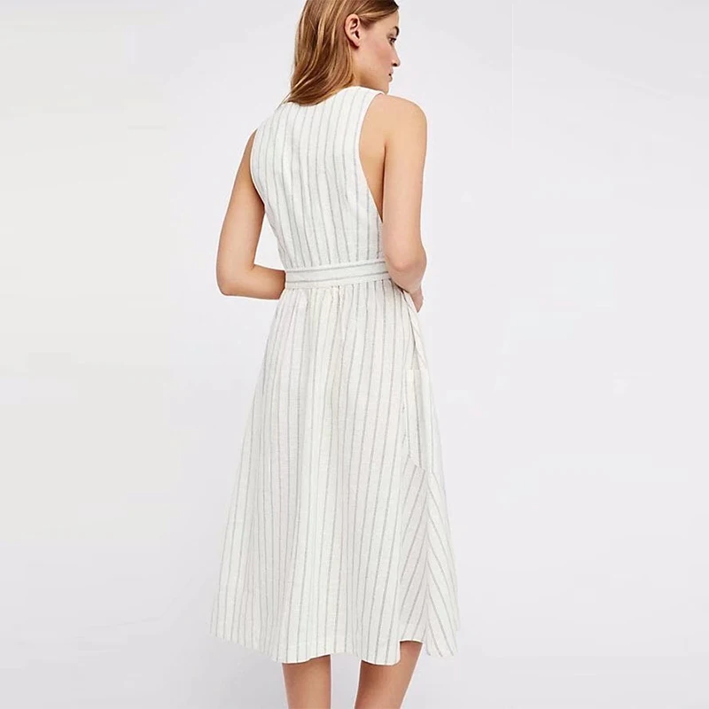 
Maxnegio Apparel Manufacturer White Striped Sleeveless Ladies Casual Dress 