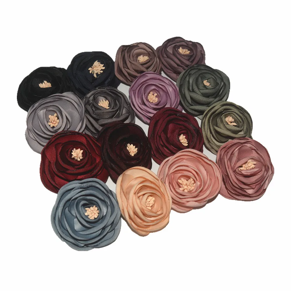 Antique Color Burned Satin Flower with Stamen Rolled Chiffon Rose Chic Headwear Hair decoration