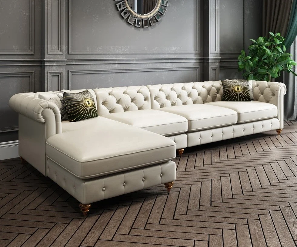 
Leather cushion solid wood structure chesterfield sofa set for hotel 