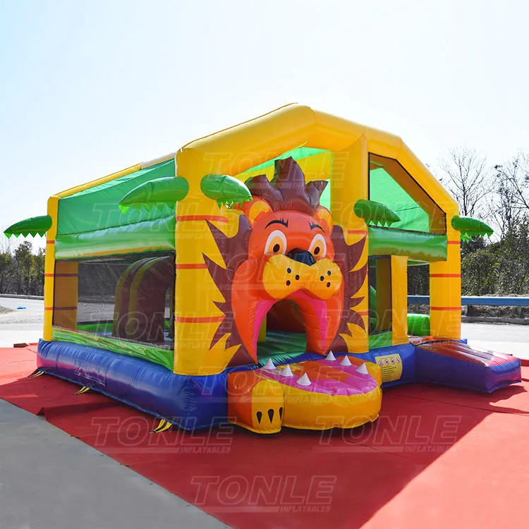 most popular multiplayer lion with roof inflatable jumping bouncy castle,cheap bounce house with slide combo for sale