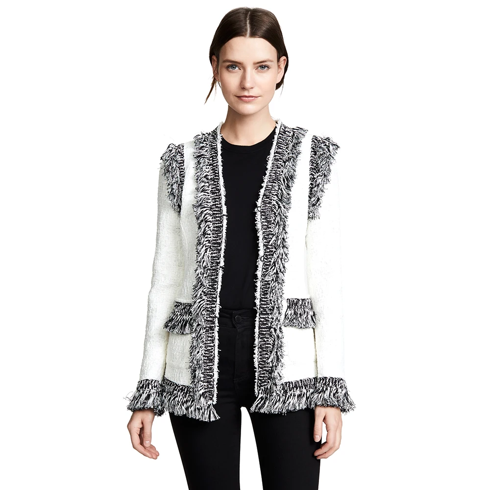 Latest winter jacket open stitch white vintage slim fit fashion tassel cutting plus size blazer jacket casual suit ladies blazer
