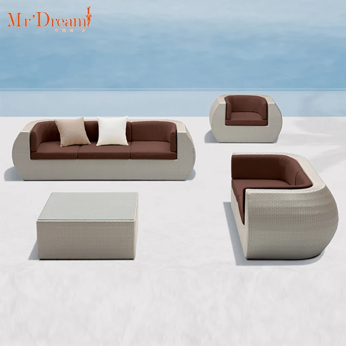 Factory wholesale competitive lifestyle holiday Inn hotel plastic rattan wicker L shape sofa furniture