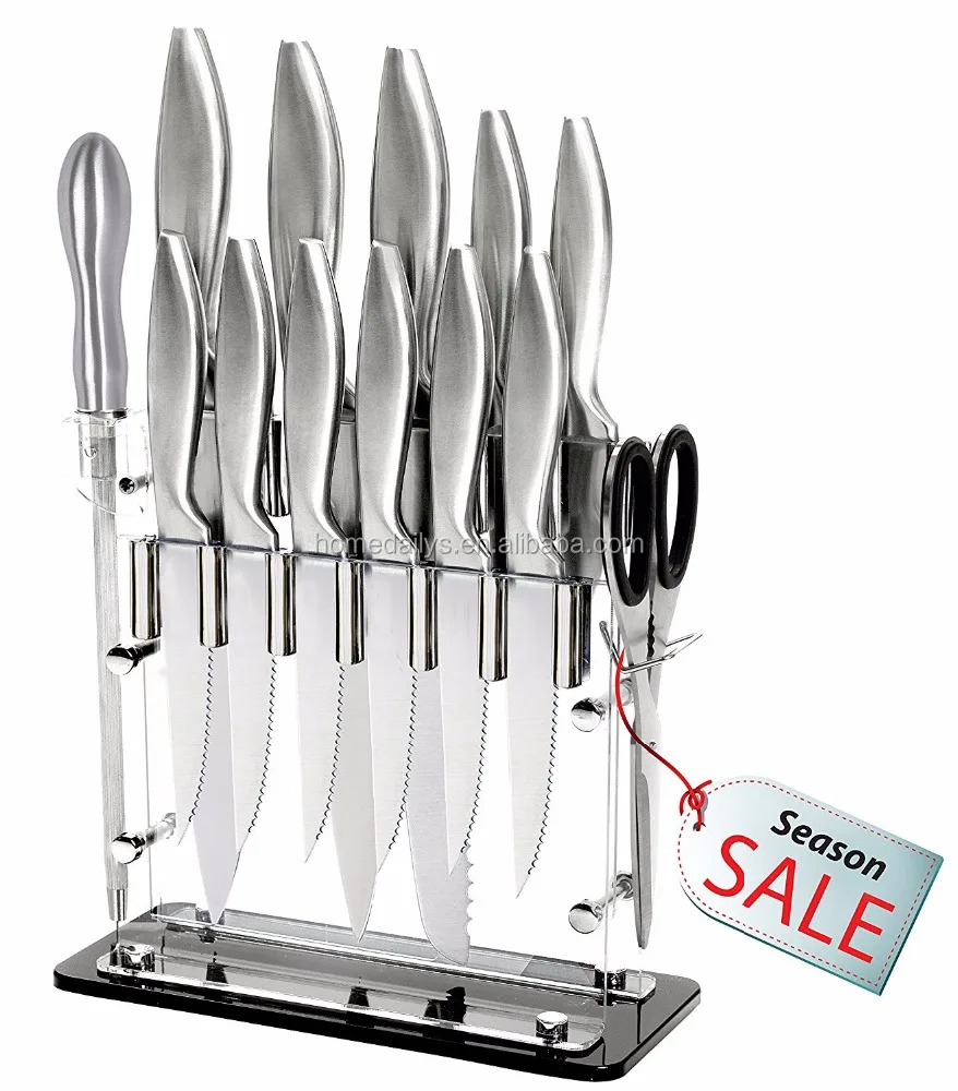 Knife Set 14 Piece Kitchen Knives Chef Bread Carving Utility Paring Steak Knife Scissors Sharpener and Acrylic Stand Block