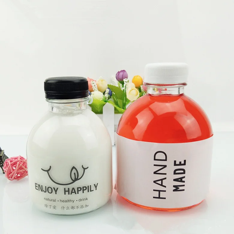 Hot sale 250ml 350ml 500ml glass beverage bottle milk tea coffee juice bottle with plastic cap