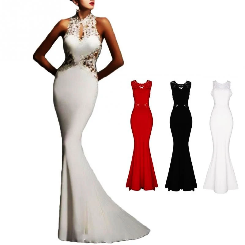 
Euramerican high-end fishtail lace evening dress sexy appliques sleeveless backless dress slim women long skirt 