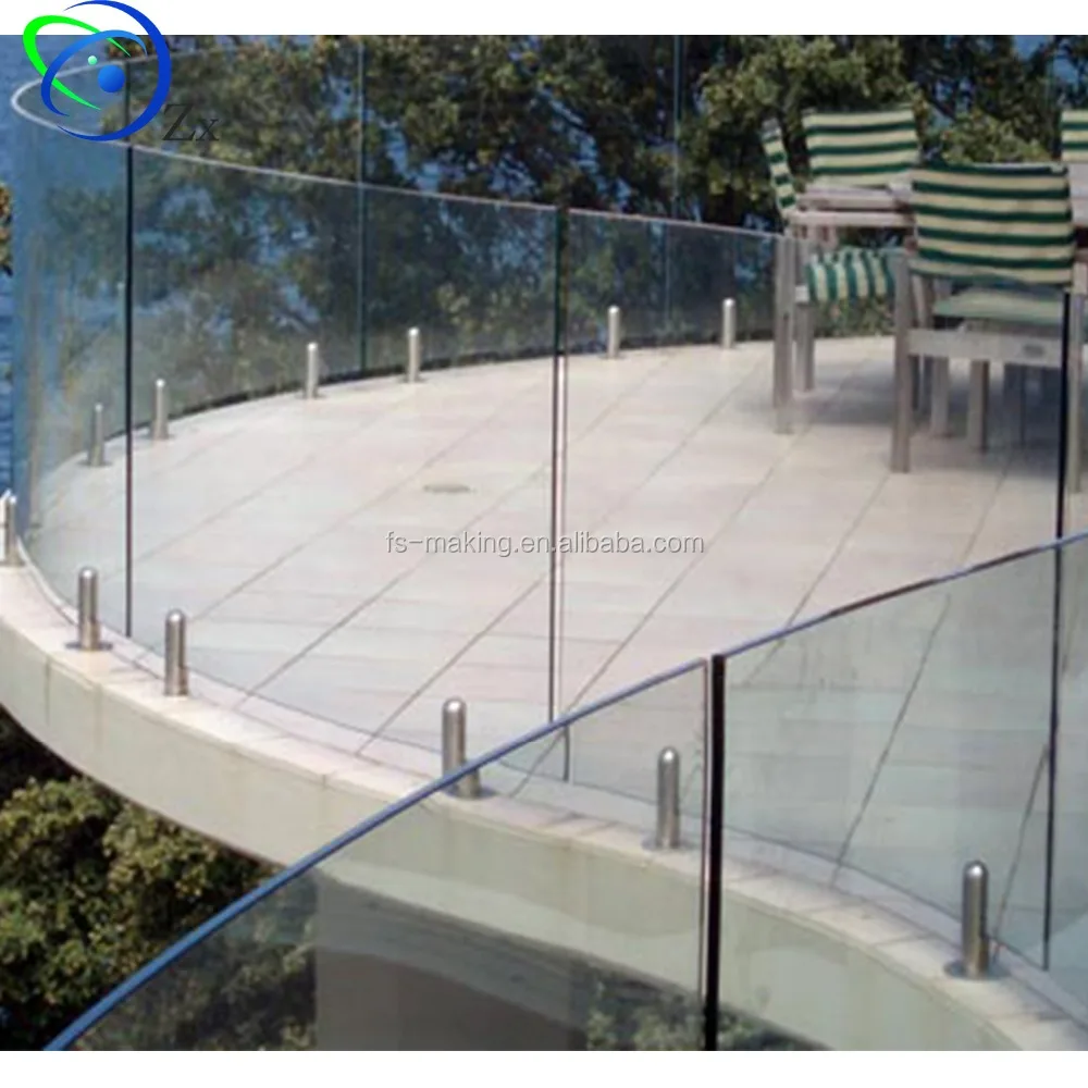 Curved frameless glass balcony balustrade with stainless steel inox spigot plinth /railing/Baluster/guardrail /fencing