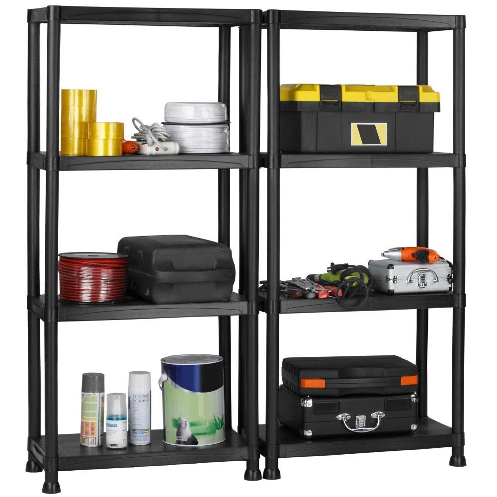 4 Tier Black Plastic Shelving Rack Unit Shelf Organiser Holder Garage Shed