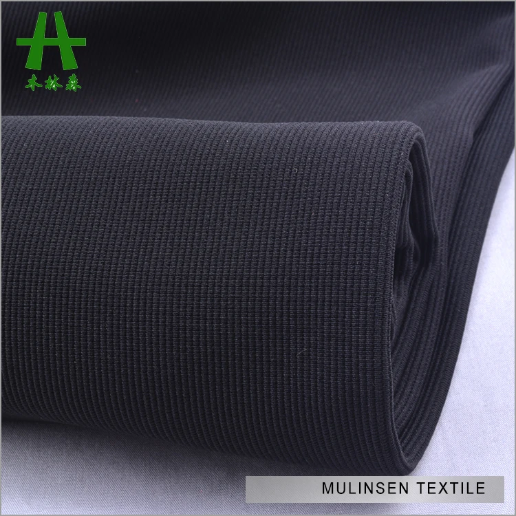 Однотонная окрашенная черная трикотажная османская ткань из полиэстера и спандекса тянущаяся в рубчик с принтом бумаги для одежды брюк