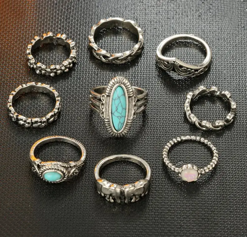 Vintage Turkish Punk Turquoise Ring 9pcs/Set Silver Midi Ring Sets for Women