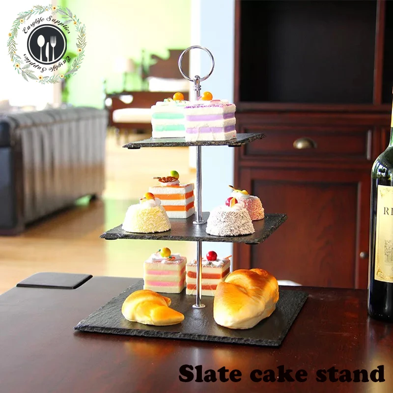 food grade natural stone 3 tier square slate cake stand for party
