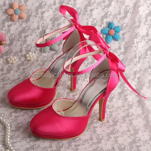 Custom Ribbon Tied Wrap Wedding Shoes Hot Pink