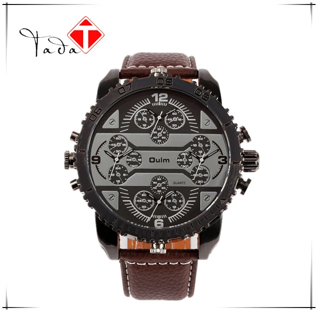 Relojes Oulm 3233 2016 New Fashion Quartz Men Wrist Watches 4 Time Zone Leather Strap Colorful Analog Wach