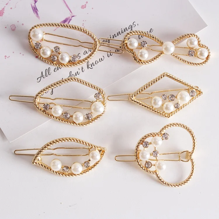 Europe and America metal hair pin fashion geometric pearl hair clip word hair clip headwear
