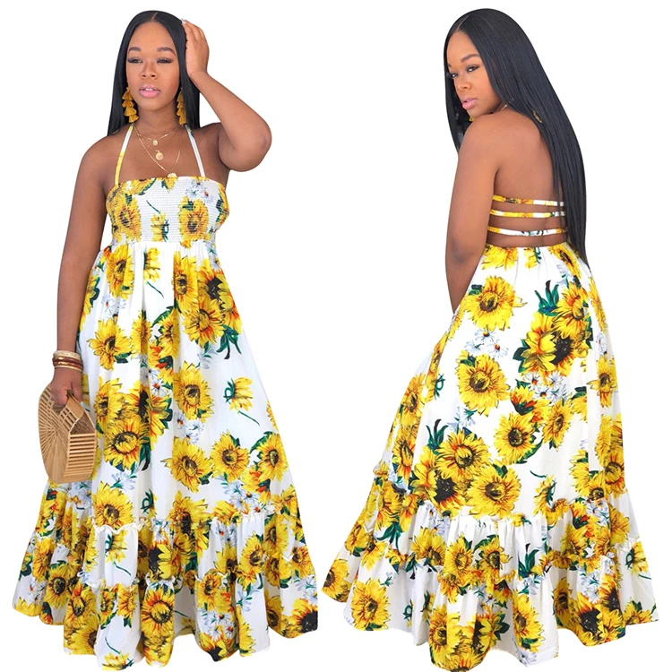 
2019 Halter Sexy African Ladies Summer Sun Flower Print Maxi Dresses Women Beach Casual Long Sun Dress 