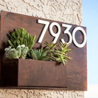 Unique corten steel metal wall mounted flower pot with modern address number plaque