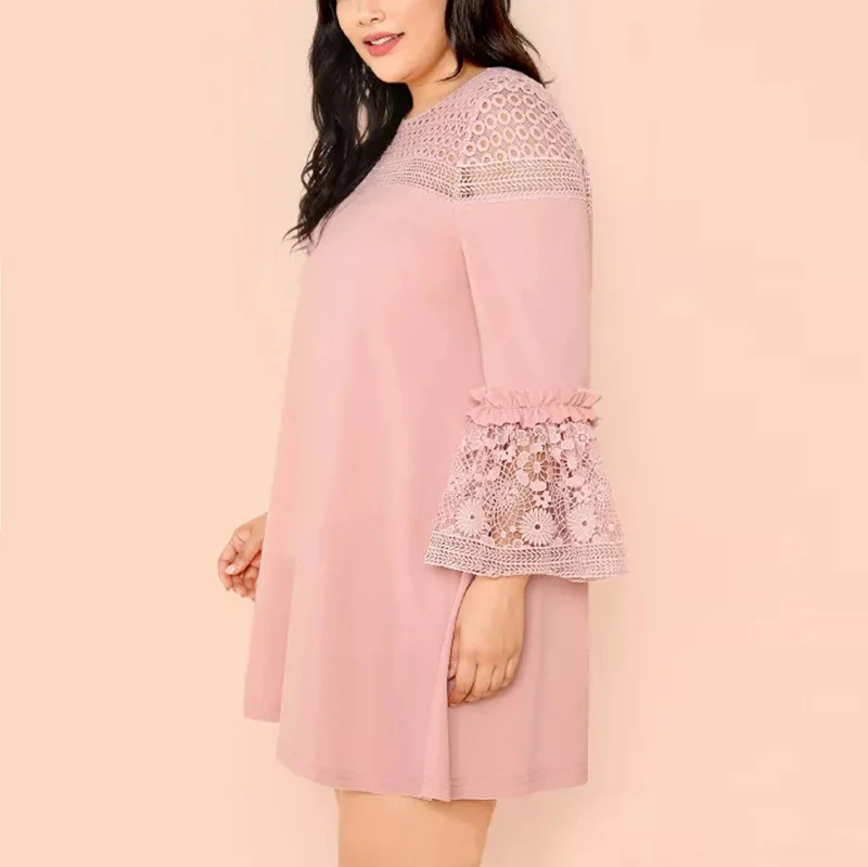 Oversized Guipure Lace Frill Trim Dress Flounce Sleeves Club Wear Shift Mini Dress for Fat Female