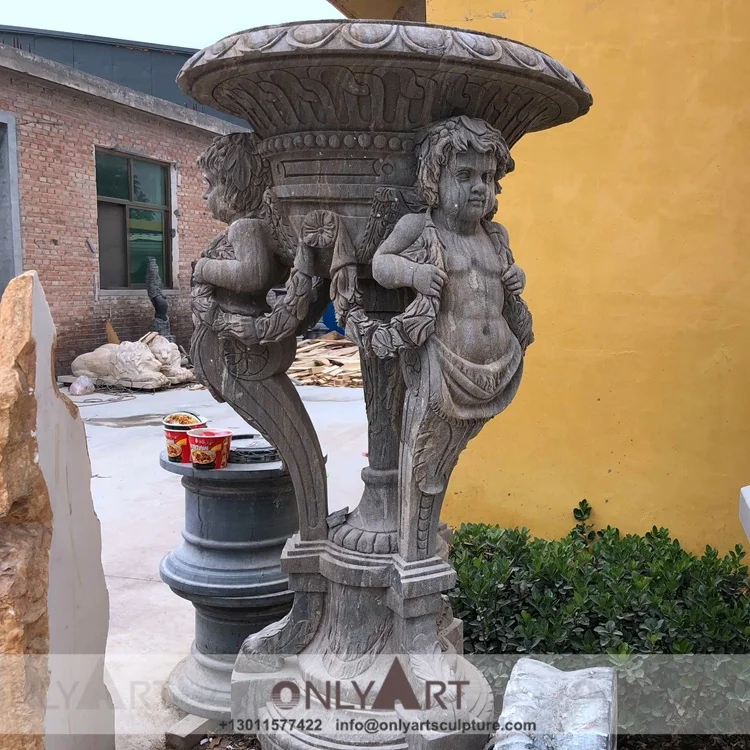 Modern Ornamental Decorative Old Effect Granite Marble Stone Boy Angel Flower Pot Vases For Garden